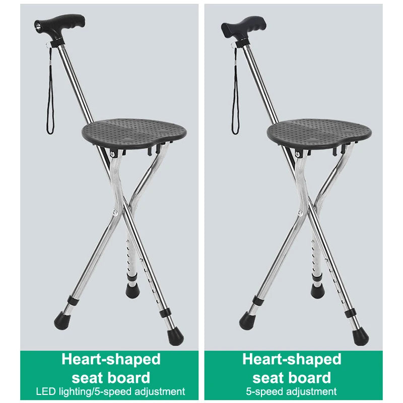 Telescopic Crutch Chair, Three-Legged Walking Stick, Folding Cane Stool, Multi-Functional Elderly Aid With Stability