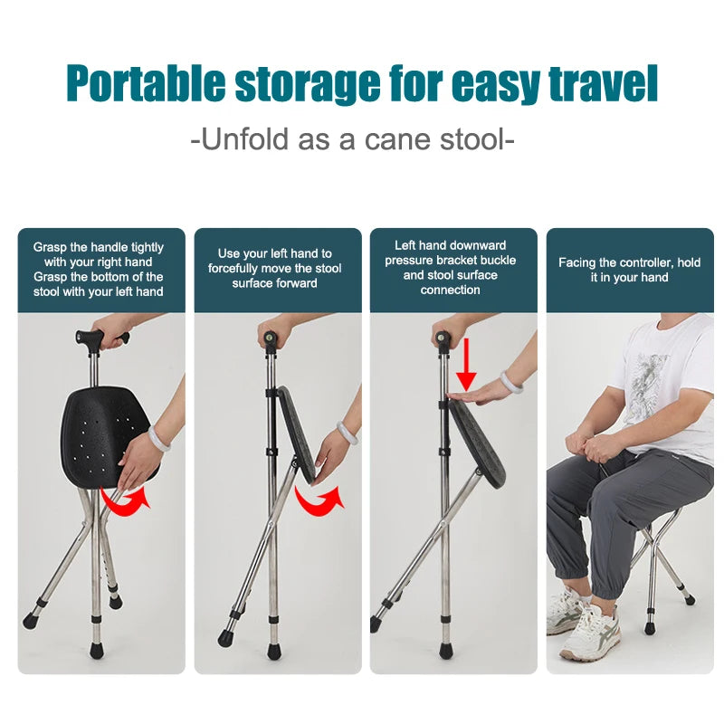 Telescopic Crutch Chair, Three-Legged Walking Stick, Folding Cane Stool, Multi-Functional Elderly Aid With Stability