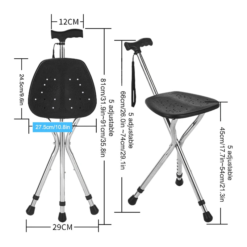 Telescopic Crutch Chair, Three-Legged Walking Stick, Folding Cane Stool, Multi-Functional Elderly Aid With Stability
