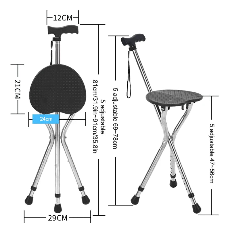 Telescopic Crutch Chair, Three-Legged Walking Stick, Folding Cane Stool, Multi-Functional Elderly Aid With Stability