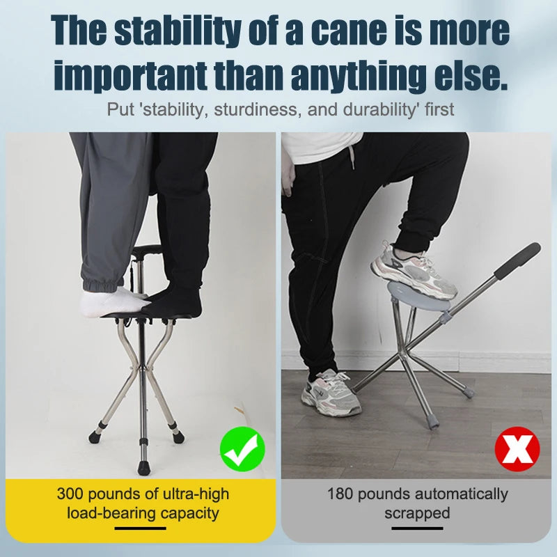 Telescopic Crutch Chair, Three-Legged Walking Stick, Folding Cane Stool, Multi-Functional Elderly Aid With Stability