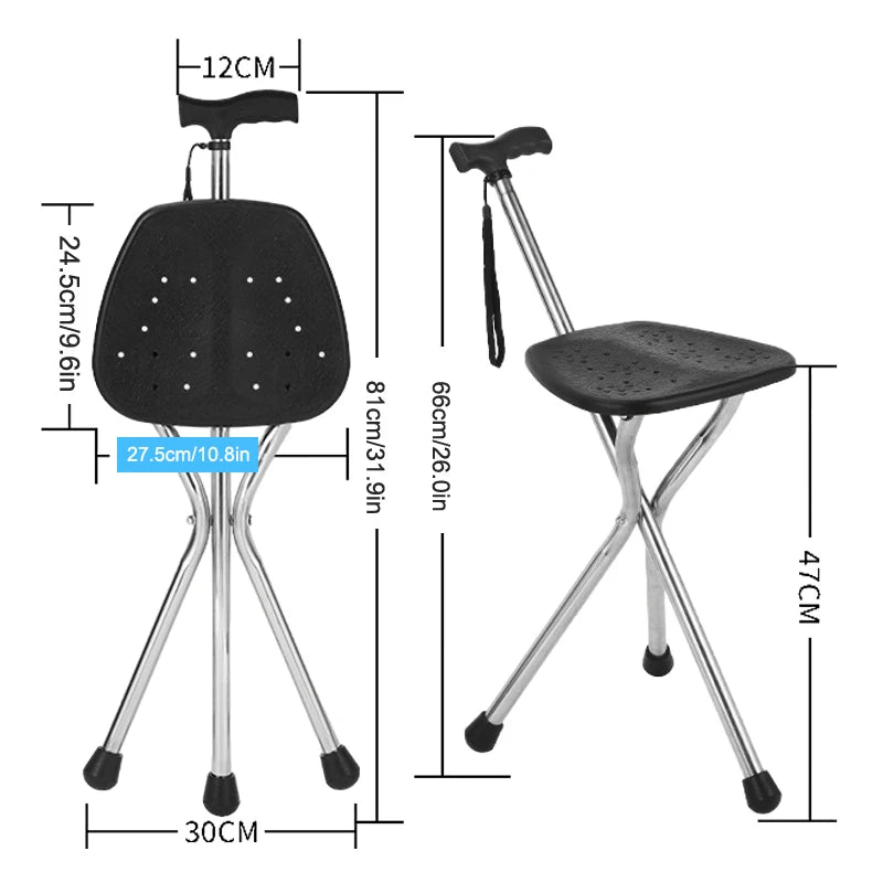 Telescopic Crutch Chair, Three-Legged Walking Stick, Folding Cane Stool, Multi-Functional Elderly Aid With Stability